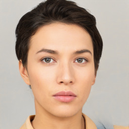 Neutral white young-adult female with short  brown hair and brown eyes