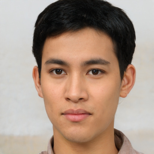 Neutral asian young-adult male with short  brown hair and brown eyes