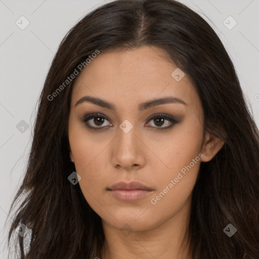 Neutral asian young-adult female with long  brown hair and brown eyes