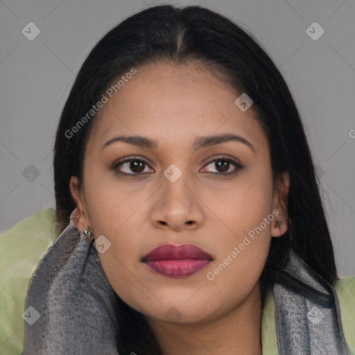 Joyful asian young-adult female with medium  black hair and brown eyes