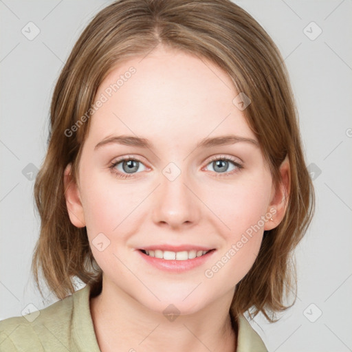 Joyful white young-adult female with medium  brown hair and blue eyes