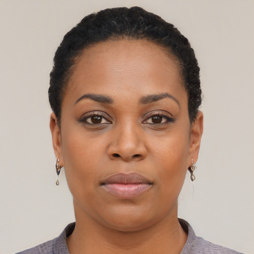 Neutral black young-adult female with short  black hair and brown eyes