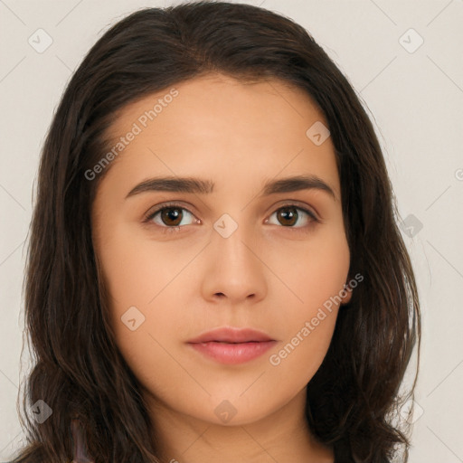 Neutral white young-adult female with long  brown hair and brown eyes