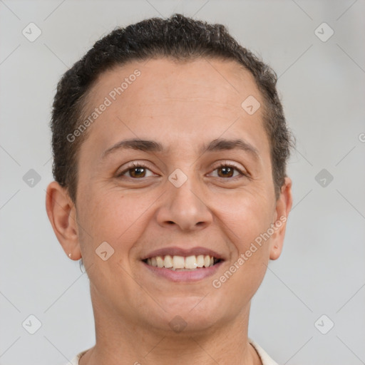 Joyful white young-adult female with short  brown hair and brown eyes