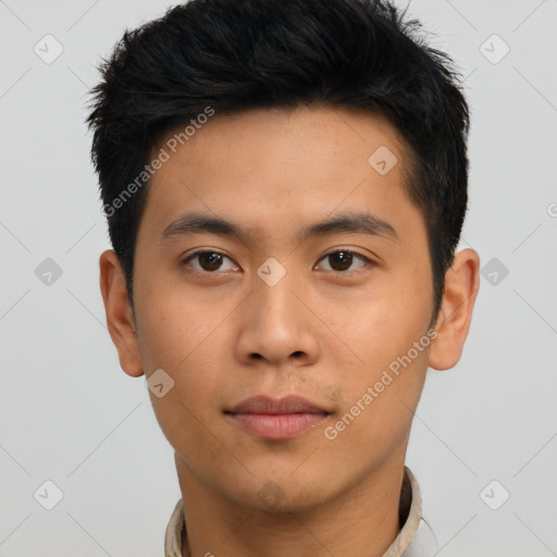 Neutral asian young-adult male with short  black hair and brown eyes