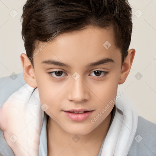 Joyful white child female with short  brown hair and brown eyes