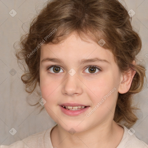 Joyful white child female with medium  brown hair and brown eyes