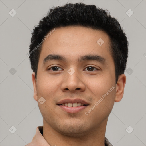 Joyful asian young-adult male with short  black hair and brown eyes