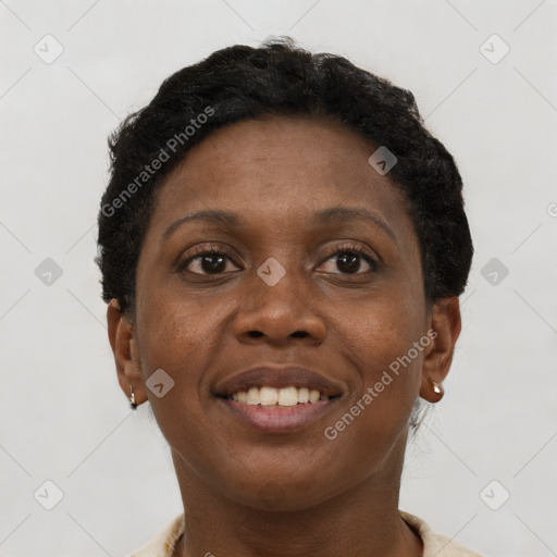 Joyful black young-adult female with short  brown hair and brown eyes