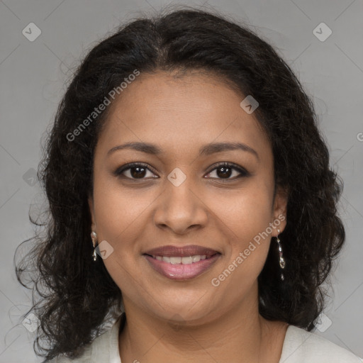 Joyful black young-adult female with medium  brown hair and brown eyes