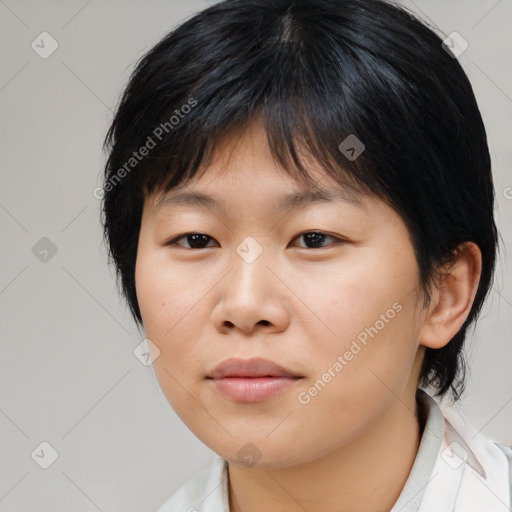 Neutral asian young-adult female with medium  brown hair and brown eyes