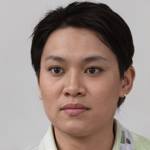 Neutral white young-adult female with short  brown hair and brown eyes
