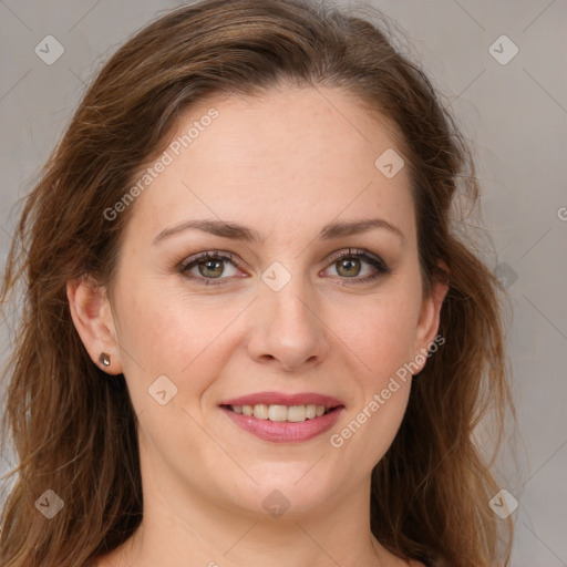 Joyful white young-adult female with medium  brown hair and green eyes