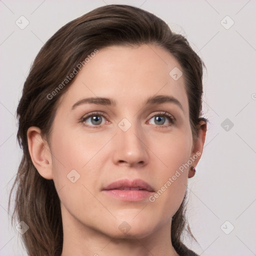 Neutral white young-adult female with medium  brown hair and grey eyes