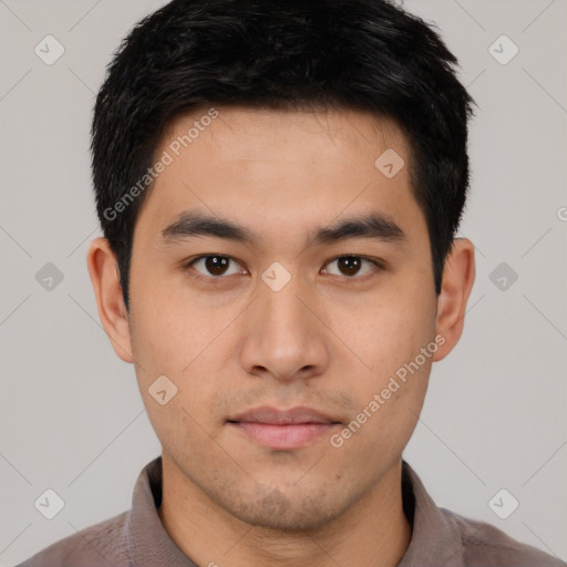 Neutral asian young-adult male with short  black hair and brown eyes