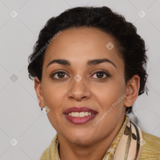 Joyful latino young-adult female with short  brown hair and brown eyes