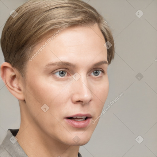 Neutral white young-adult female with short  brown hair and grey eyes