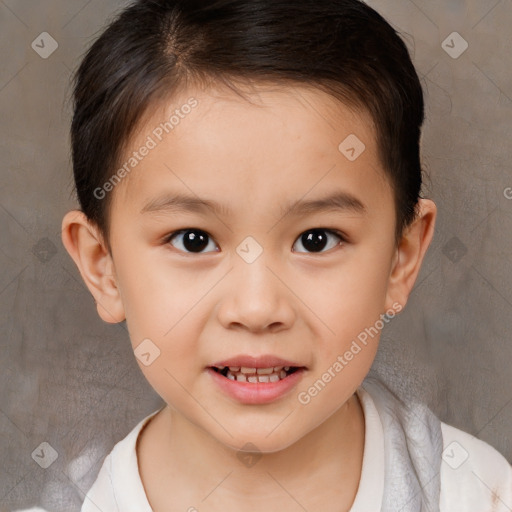 Joyful white child female with short  brown hair and brown eyes