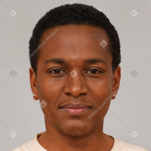 Neutral black young-adult male with short  black hair and brown eyes