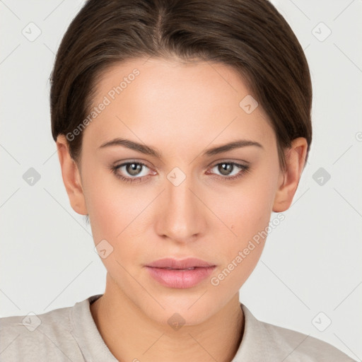 Neutral white young-adult female with short  brown hair and brown eyes