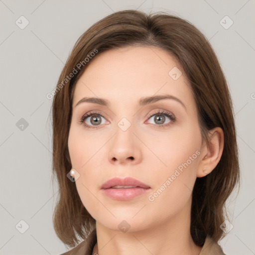 Neutral white young-adult female with medium  brown hair and brown eyes