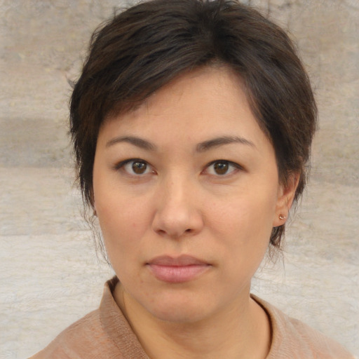 Neutral white young-adult female with medium  brown hair and brown eyes