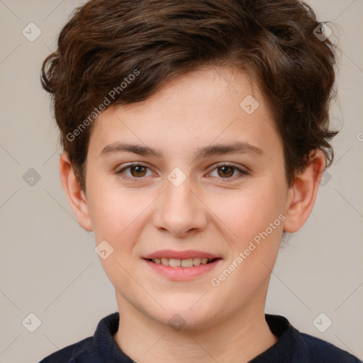 Joyful white child female with short  brown hair and brown eyes