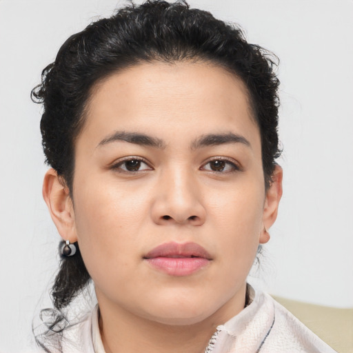 Neutral latino young-adult female with short  brown hair and brown eyes