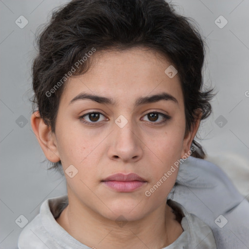 Neutral white young-adult female with short  brown hair and brown eyes