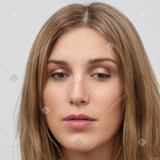 Neutral white young-adult female with long  brown hair and brown eyes