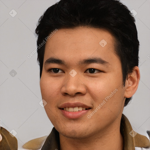 Joyful asian young-adult male with short  black hair and brown eyes