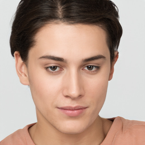 Neutral white young-adult female with short  brown hair and brown eyes