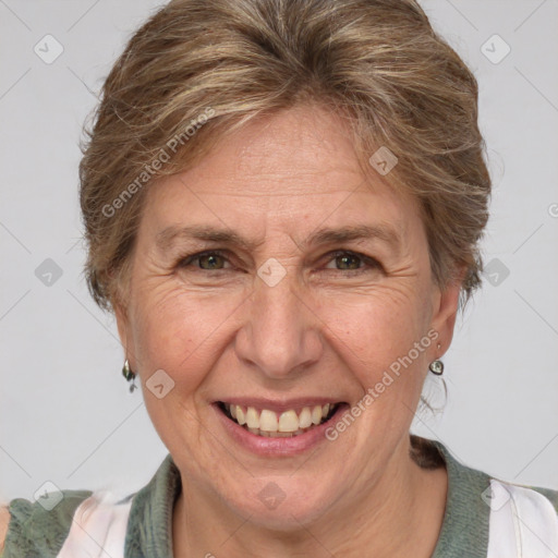 Joyful white middle-aged female with medium  brown hair and brown eyes