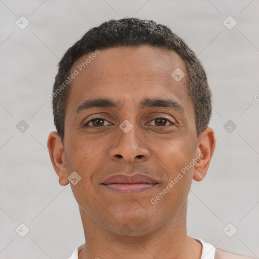 Neutral latino young-adult male with short  brown hair and brown eyes