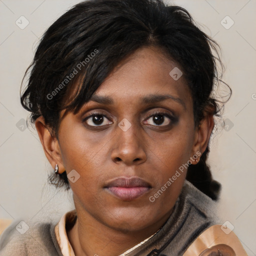 Neutral black young-adult female with medium  brown hair and brown eyes