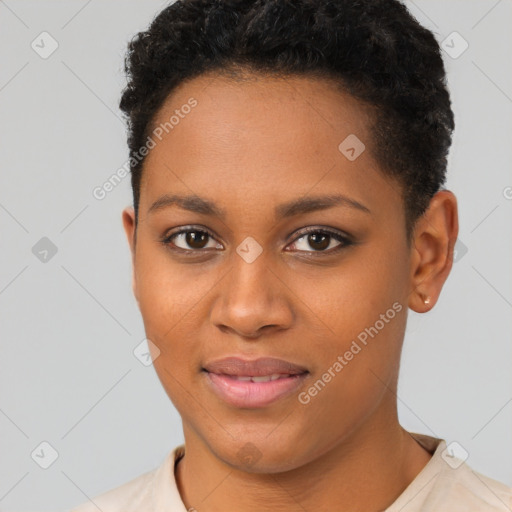 Joyful black young-adult female with short  brown hair and brown eyes