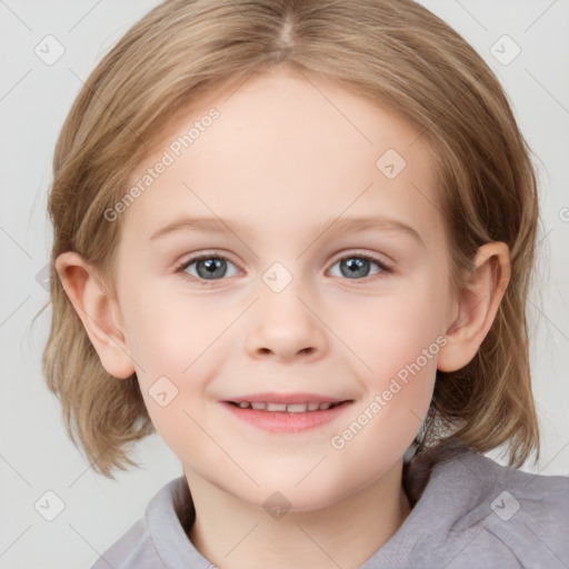 Joyful white child female with medium  brown hair and grey eyes