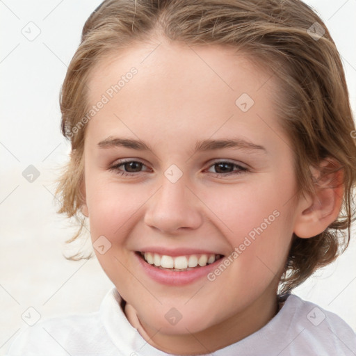 Joyful white child female with medium  brown hair and brown eyes