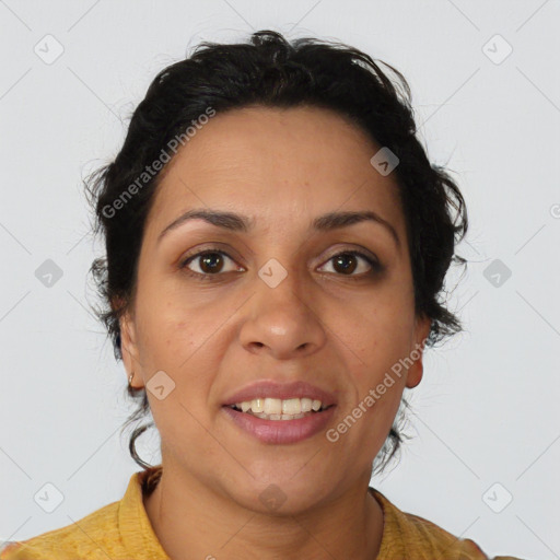 Joyful latino young-adult female with short  brown hair and brown eyes