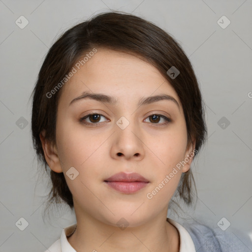 Neutral white young-adult female with medium  brown hair and brown eyes