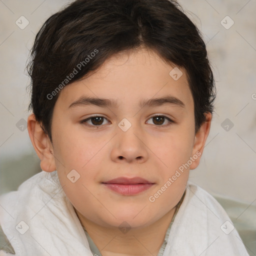 Joyful white child female with medium  brown hair and brown eyes