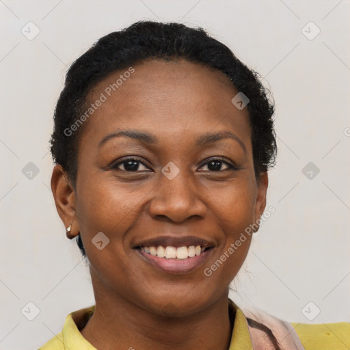 Joyful black young-adult female with short  black hair and brown eyes