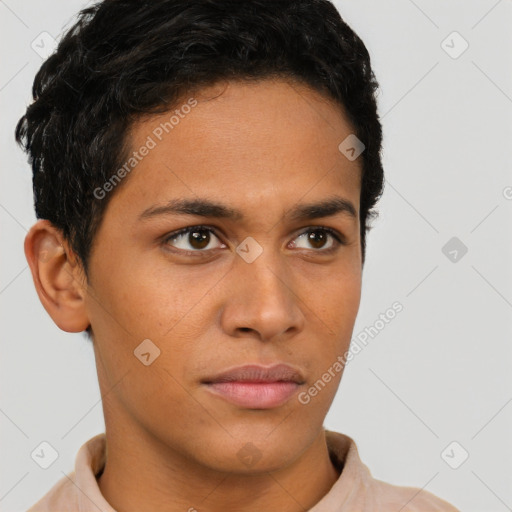 Neutral latino young-adult male with short  brown hair and brown eyes