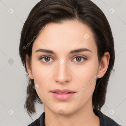 Neutral white young-adult female with medium  brown hair and brown eyes