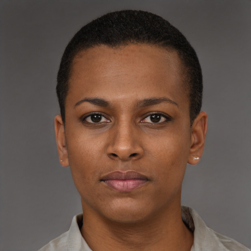 Neutral black young-adult female with short  brown hair and brown eyes