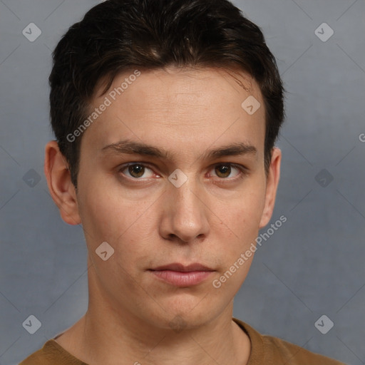 Neutral white young-adult male with short  brown hair and brown eyes