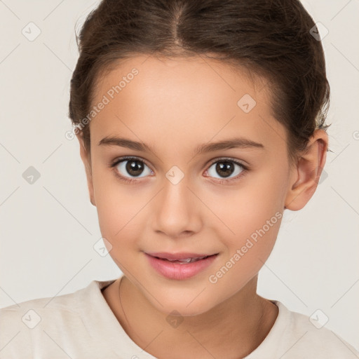 Joyful white child female with short  brown hair and brown eyes