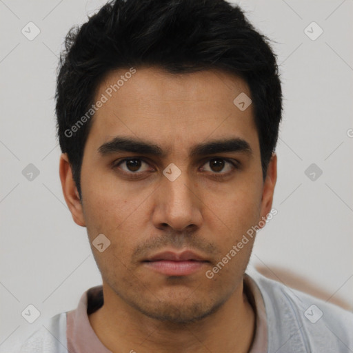 Neutral asian young-adult male with short  black hair and brown eyes