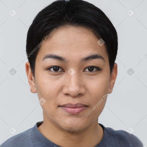 Joyful asian young-adult female with short  brown hair and brown eyes