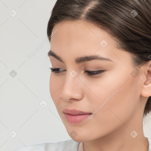 Neutral white young-adult female with medium  brown hair and brown eyes